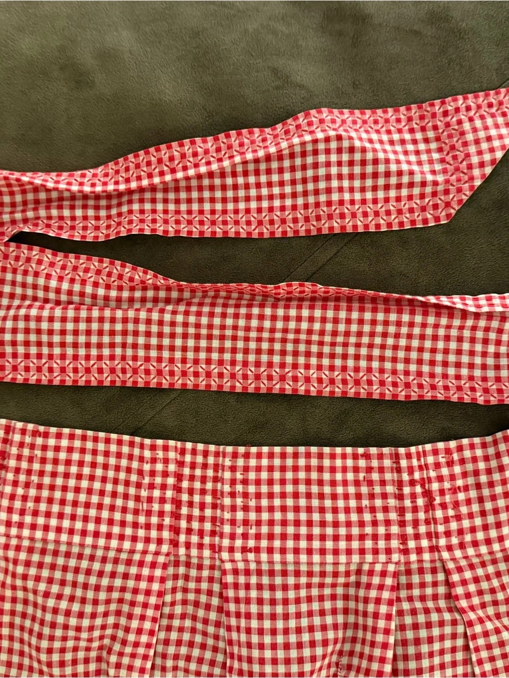 Hand smocked embroidery detail red & white Gingham Apron